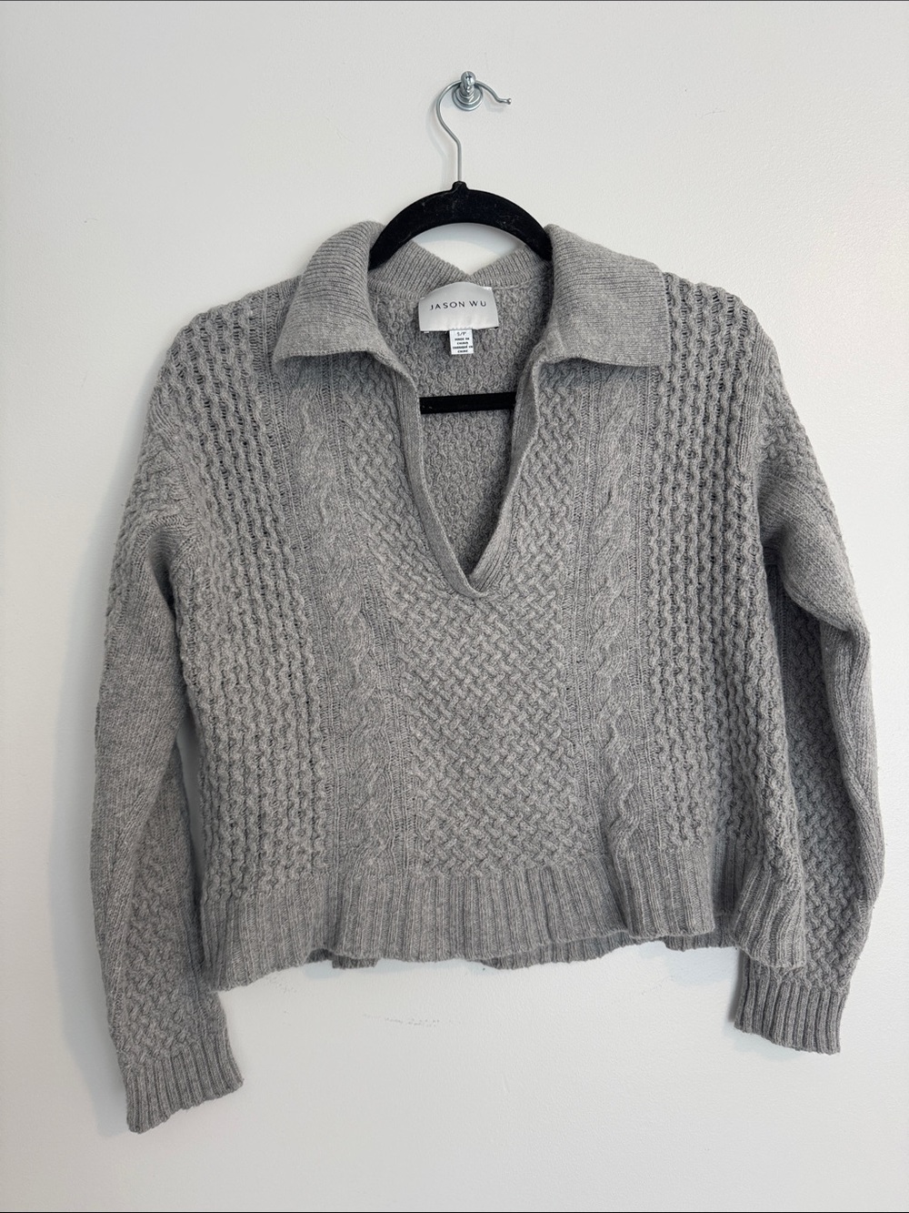 Jason Wu Light Gray Wool Blend Cable-Knit V-Neck Sweater with Collar